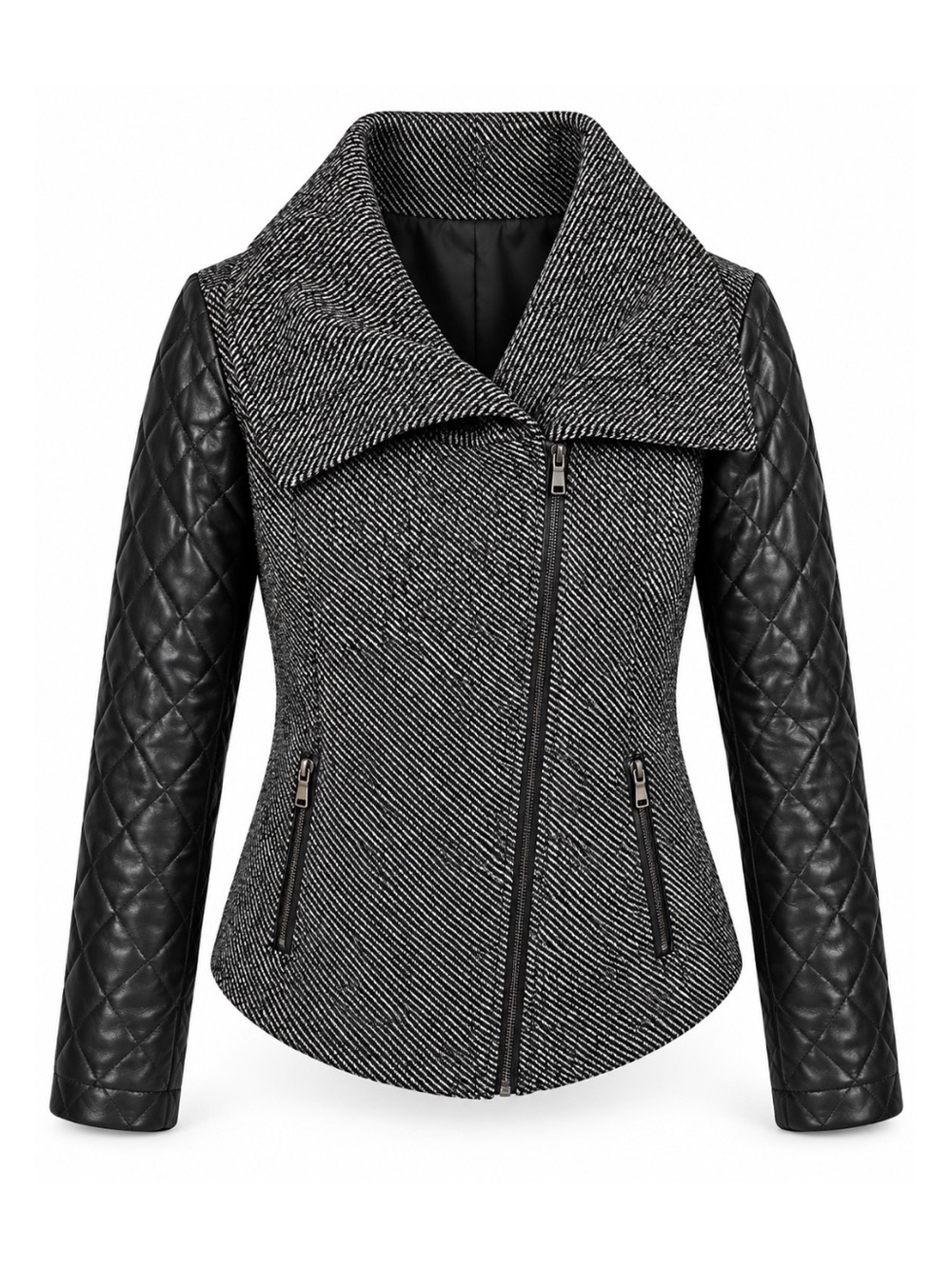 Vintage Route 66 Tweed & Leather Sleeve Zip Up Motorcycle Jacket Womens Size M